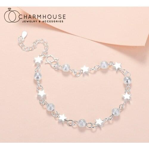 Pure Silver Charm Bracelets For Women Star Beaded Chain Bracelet & Bangles Wristband Pulseira Femme Wedding Jewelry Accesories