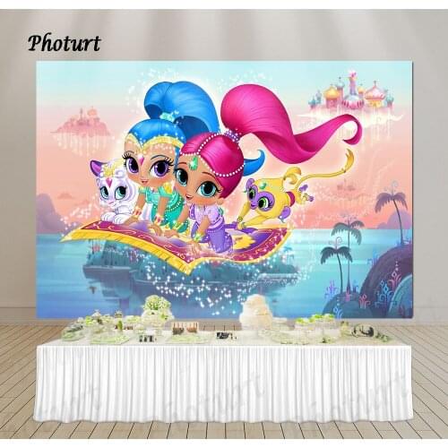 PHOTURT Shimmer and Shine Photography Backdrop Girls Birthday Background Pink Blue Long Hair Vinyl Polyester Photo Studio Props