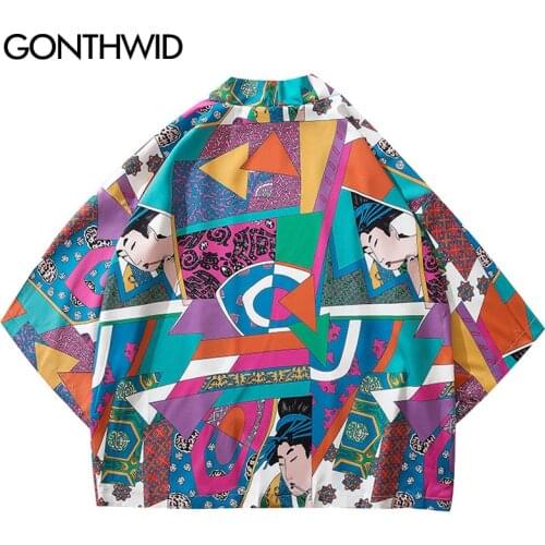 GONTHWID Japanese Ukiyo-e Colorful Geometric Patchwork Print Kimono Cardigan Haori Jackets Streetwear Hip Hop Open Front Coats