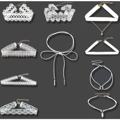 Stylish Jewelry 10 Pieces White Elegant Lady Neck Chain Choker Necklace Set Stretch Velvet Classic Gothic Tattoo Lace Choker Dsp
