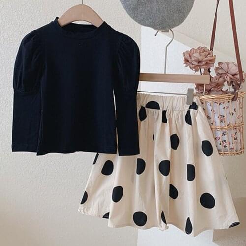 Girl Clothes Set Spring Solid Color Puff Sleeve Bottoming Shirt + Polka Dot Skirt 2-Piece New Princess Childrens Clothes Set