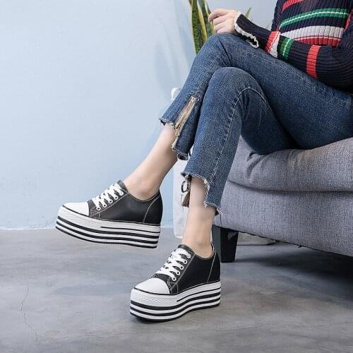New Highquality Genuine Leather women Casual Shoes Flat platform shoes Hidden Increasing sneakers lace up fashion shoes MC-17