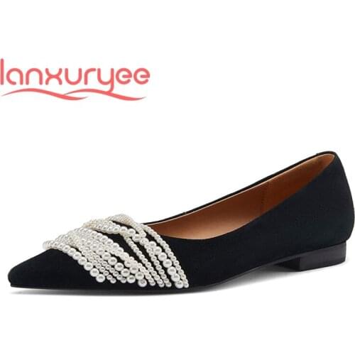 Lanxuryee french romantic sheep suede beading fairy pointed toe low heel slip on dating beauty girls gorgeous women pumps L10