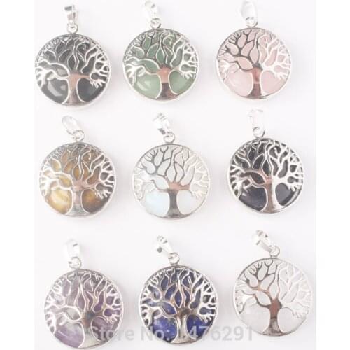 Mix-Color Crystal Stone Round Beads Chakra Tree Pendant 1PCS