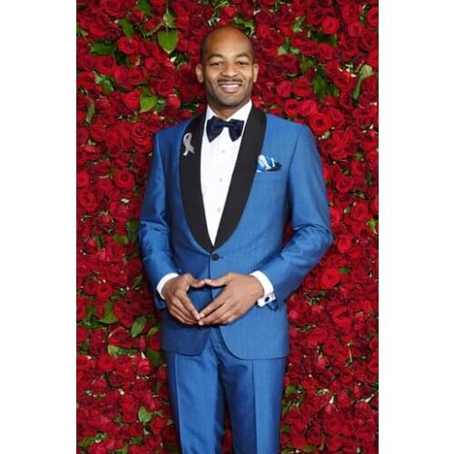 Fashionable One Button Blue Groom Tuxedos Groomsmen Shawl Lapel Mens Suits Blazers (Jacket+Pants+Tie) W:930