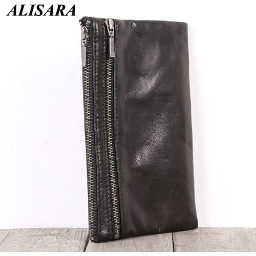 Alisara Genuine Leather Long Wallets Men Zipper Clutch Purses Coin Purses Sheepskin Leather Slim Phone Wallets Case Male Wallets