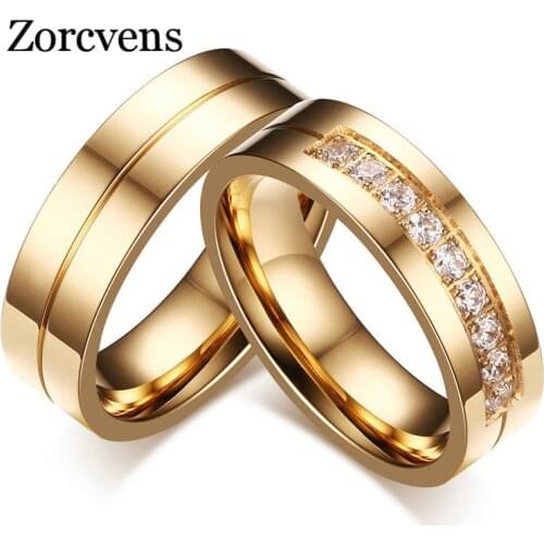 ZORCVENS 2020 New Gold-Color CZ Wedding Rings Lovers Cubic Zirconia Stainless Steel Romantic Ring Jewelry