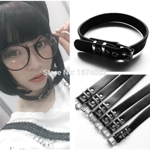 Girl Harajuku Cosplay Handmade Handcrafted Punk Gothic Real Leather Buckle Collar Choker Neclace