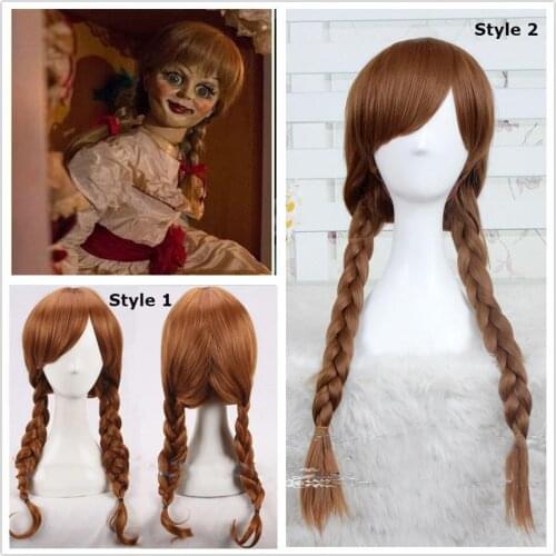 Horror Movie Doll Annabelle Cosplay Wigs Brown Straight Synthetic Hair Perucas Halloween Cosplay Costumes Dress Free Shipping