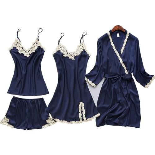 4-Piece Sexy Pajamas Robe Summer Elegant Women Kimono Strap Short Nightgown Worn In All Seasons Satin Robe Silk Robes for Women