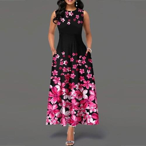 MISSJOY 2020 Spring Women Dress Sleeveless Flowers High Waist O-Neck Ankle-Length Party Printed Fashion Sweet Robe Female Casual