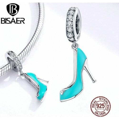High Heels Pendant BISAER 925 Sterling Silver Princess Shoes Cyan Blue Beads Charms for Original Silver 925 Jewelry EFC233
