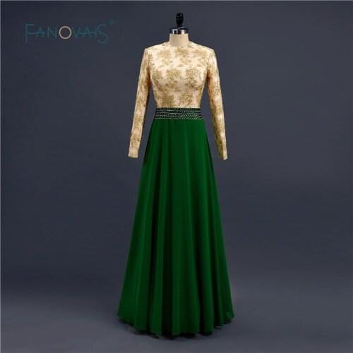 Real Sample Green Beaded Waist Lace Appliques Long Sleeve Hijab Arabic Muslim Evening Dresses Vestidos De Noiva Longo ZED809