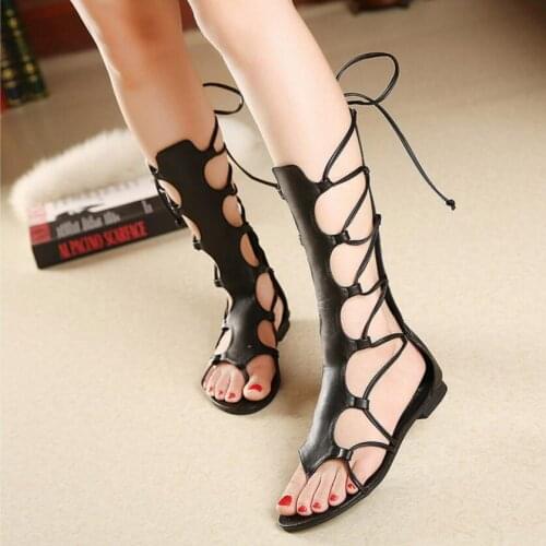 Roman style gladiator sandals women long design summer boots shoes cut out cross-tied sandalia feminina zipper open sandals c205