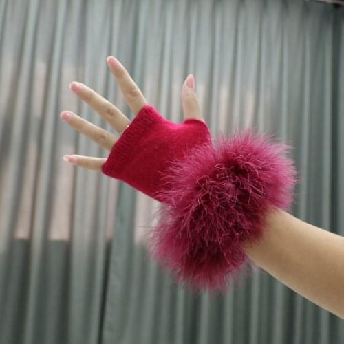 Wool velvet gloves female autumn and winter dew refers to knit thin section warm fur without finger short student half fake slee