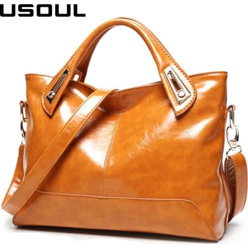 USOUL 2020 Women Bag Yellow Oil Wax Leather Luxury Handbags Good Quality PU Shoulder Messenger Bags Ladies Hand Bags bolso mujer