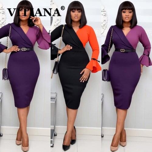 VITIANA Women Office Midi Dress for Womens Autumn 2020 Female Flare Sleeve V-Neck Sexy Elegant Dresses Femme Formal Vestidos