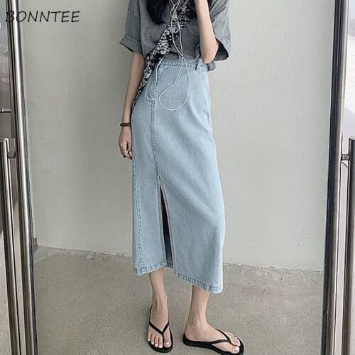 A-line Skirts Women Solid Slit High Waist Irregular Stylish Korean Style Mid-calf Elegant Leisure All-match Ladies Denim Novelty