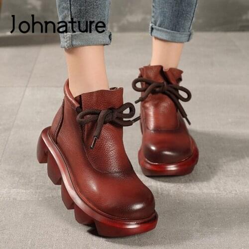 Johnature Ankle Platform Boots Genuine Leather Women Shoes 2021 New Round Toe Lace-up Handmade Concise Retro Casual Women Boots