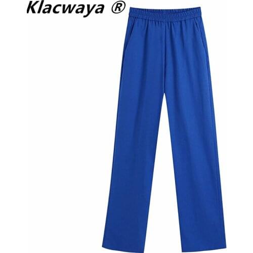 Klacwaya Za Woman Pants 2021 Fashion High Waist Wide Pants Woman Office Wear Pant Suits Pocket Elastic Waist Female Trousers