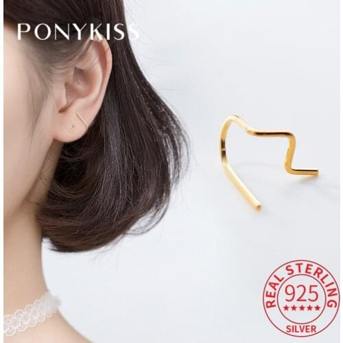 PONYKISS Real 925 Sterling Silver Minimalist Lines Hoop Earrings Women Party Delicate Fashion Earrings Accessory Girl Chic Gift