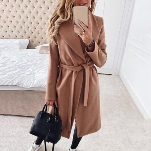 Camel Elegant Cotton Blend Coat Womens 2021 Autumn And Winter New Style Fashion Lace Lapel Retro Thin Long Coat Oversized Top