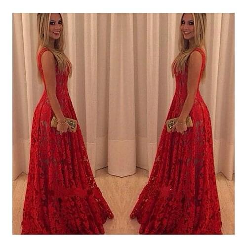 Vestido debutante 15 anos prom red lace evening party gown sexy sleeveless vestido de festa long elegant Quinceanera Dresses