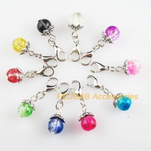 10Pcs Tibetan Silver Tone Lotus Caps Retro Mixed Shivering Glass 8x15mm With Lobster Claw Clasps Charms