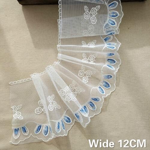 12CM Wide Luxury White Tulle Mesh Lace Material Blue Embroidery Flowers Guipure Ribbon Handmade DIY Dress Apparel Sewing Decor