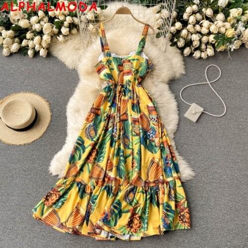 2021 retro fashion print suspender skirt seaside holiday Ruffle waist slim big swing Beach Dress