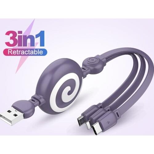 3 In 1 USB Charging Cable USB To Micro USB/Type-C/8Pin Kable For iPhone12 Retractable Charger Cable 100cm 3A Fast Charge Cord