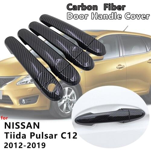4pcs Gloss Black Carbon Fiber Door Handle Cover Catch Cap Trim Protect Exterior Car Accessories for Nissan Tiida Pulsar C12 MK2