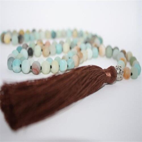 8mm Amazonite Gemstone 108 Beads Mala Tassel Necklace Spiritua Classic Spirituality Chakra Retro Wristband Japa