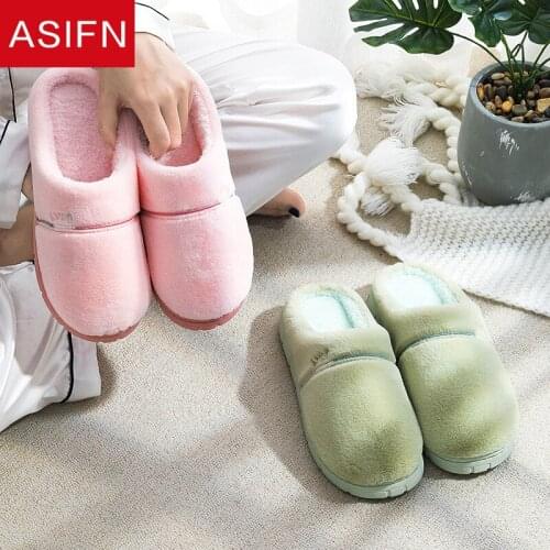 ASIFN Winter House Men Women Fur Slippers Warm Plush Waterproof Toe Bedroom Couple Shoes Non-slip Winter Men Furry Slippers