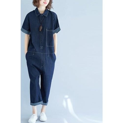 Korean Jean Jumpsuit Ladies 2020 Summer Short Sleeve Overalls Playsuit Female Pocket Loose Casual Denim Women комбенизон Z172