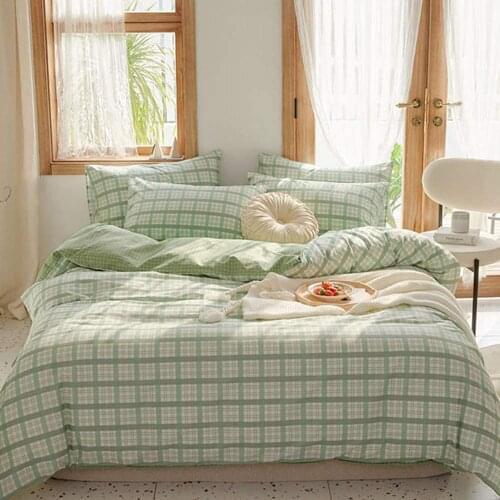 Green Plaid Duvet Cover Queen Soft 100% Cotton Reversible Grid Plaid Bedding Set with 2 Pillowcases Modern Geometric Plaid 3pcs