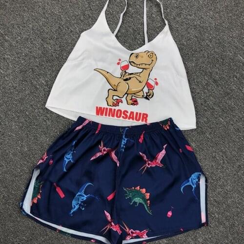 Dinosaur Print Satin Pajamas Sets Pattern Women Pajamas Strap Sleeveless Sexy Sleepwear Set Female Summer Night Wear Home Suit