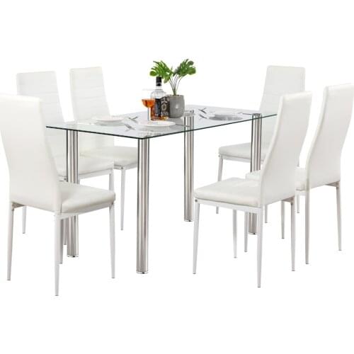 Dining Table Set Simple Transparent Glass&Iron Dinner Table + 6pcs Elegant Stripping Texture High Backrest Dining Chairs White