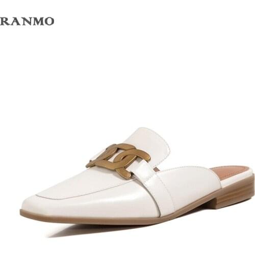 Genuine Cow LeatherSlippers Women Summer Sandals and Slippers Flat Sandals Baotou Muller Shoes HandmadeMetal Fasteners Sandals