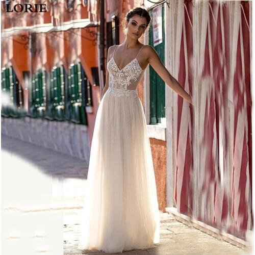 LORIE Lace A Line Wedding Dress 2019 Vestidos de novia Spaghetti Straps Lace Sexy Bridal Gown Elegant Backless Wedding Gowns