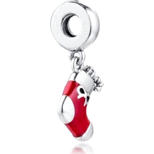 Fits for Pandora Charms Bracelets Festive Stocking Hanging Beads with Red Enamel 100% 925 Sterling-Silver-Jewelry Free Shipping