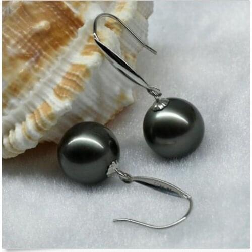 Stunning pair of 10-11mm tahitian round black green pearl earring 925s