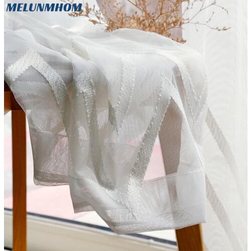 Nordic White Embroidered Window Screen Curtains Tulle Kitchen Grid Wave Sheer for Bedroom Living Room Balcony Drapes Fabric