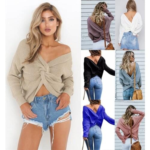 Europe and America 2020 womens open back sweater long sleeve sexy long sleeve knitted sweater for women