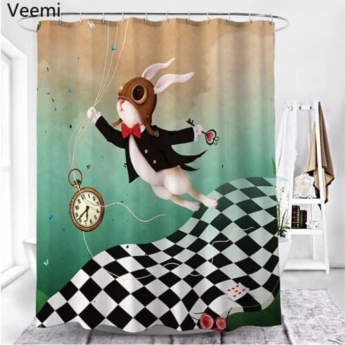 Modern cartoon rabbit printed 100% polyester waterproof fabric shower curtain bathroom bathtub durable curtain with hooks
