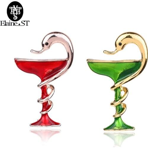 Fashion Wine Glass Goblet With Snake Brooches Pins Red & Green For Women Men Kids Gifts Enamel Gold-color Alloy Brooch Jewelry
