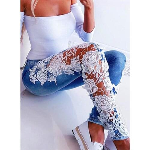 2021 New Sexy Lace Women Jeans Blue Hollow Out Lace Patchwork Streetwear Denim Trousers Summer Lady Denim Pencil Pants Female