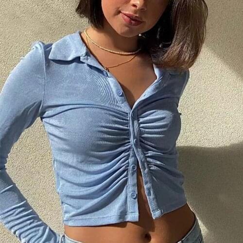 Women Ruched Turn-Down Collar Button Up Shirts Femme Long Sleeve Sexy Crop Tops 2021 Fashion New Solid T Shirts