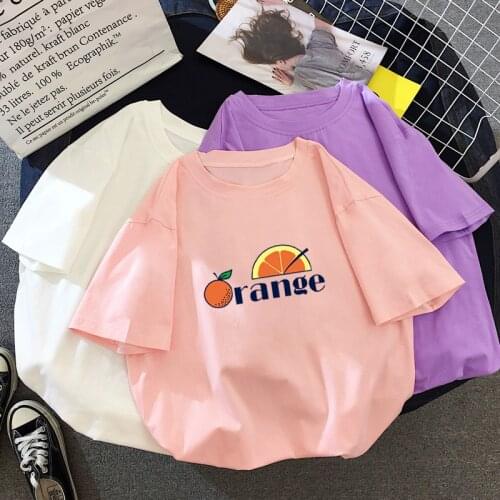 2019 Summer Womens T-shirts Street ORANGE Printed Tops Fashion Loose Round Neck Autumn Bottoming Shirts