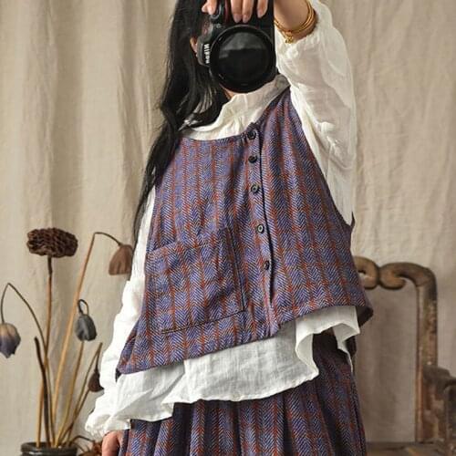 Johnature Women Vintage Plaid Vests Cotton Linen Coats 2021 Spring New Button Pockets Sleeveless Loose Chinese Style Vests Coats